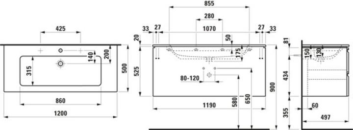 Actual product image Laufen Pro S Set 1200, washbasin, 2 tap holes, overflow, incl. vanity unit, 2 drawers, 1200x500mm, H