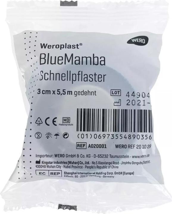 Nutritional values and ingredients Weroplast Schnellpflaster BlueMamba 3 cm x 5,5 m gedehnt, selbstk (1 x)
