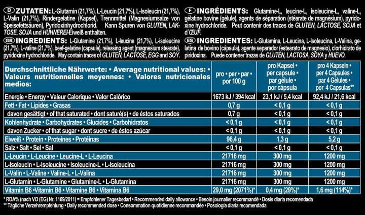 Nährwerte und Zutaten IronMaxx BCAAs und Glutamin 1200 (260 Stück, Kapseln, 357 g)