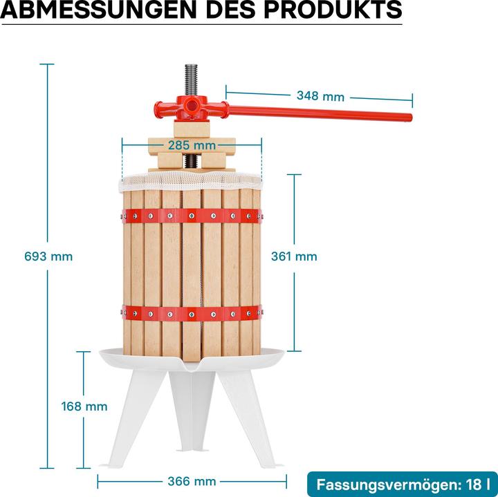 Produktbild Wiltec 18L Obstpresse Presstuch Maischepresse Weinpresse Apfelpresse Saftpresse