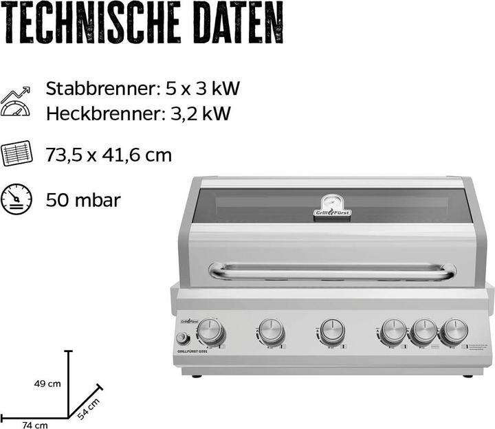 Produktbild Grillfürst G591G 5-Brenner Einbaugrill mit Heckbrenner und Gusseisen Rosten (15 kW)