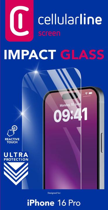 Actual product image Cellularline Impact Glass - iPhone 16 Pro Thin, tough and super-sensitive tempered glass, Transparent (1 Piece, Apple iPhone 16 Pro)