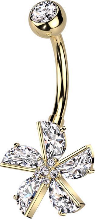 Image du produit Star Piercing Banane vergoldet mit Kugel Kristall silber und Blume Kristalle silber (Acier chirurgical 316L, Laiton)