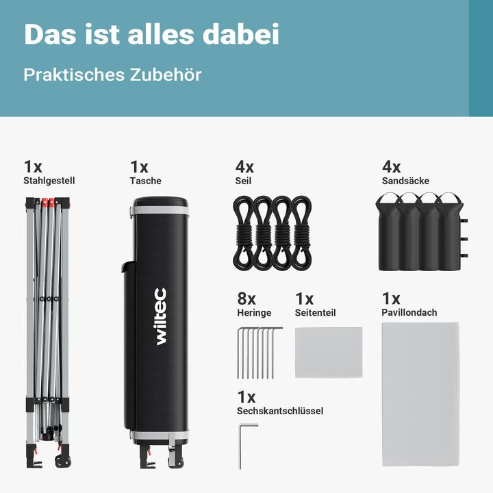 Produktbild Wiltec Pop up Pavillon 3x3m weiss Seitenteil Räder Gartenpavillon Faltpavillon (300 cm, 300 cm)