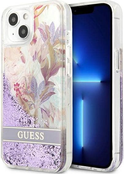 Actual product image Guess GUHCP13SLFLSU iPhone 13 Mini 5.4-inch Thin / Purple Hard Case with Flower Liquid Glitter (Apple iPhone 13 mini)