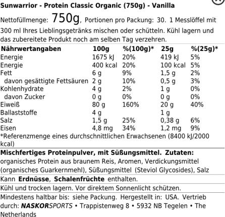 Valeurs nutritives et ingrédients Sunwarrior Protéine Classic Organic (Vanille, 1 pcs, 750 g)