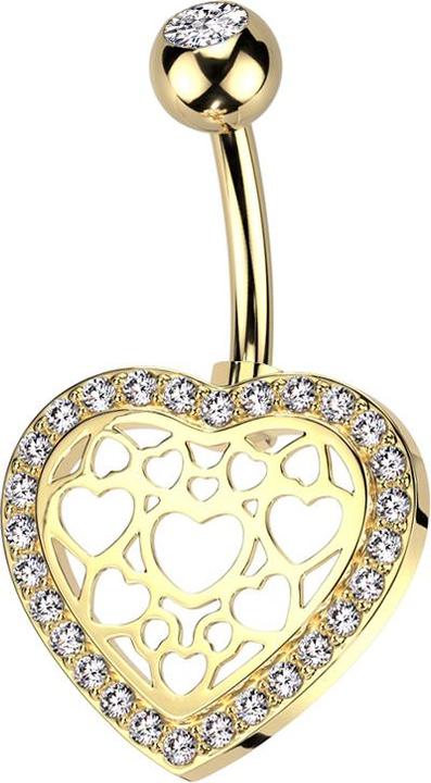 Image du produit Star Piercing Banane dorée à l'or fin avec boule dorée en cristal argenté et coeur entouré de cristaux argentés (Acier chirurgical 316L, Laiton)