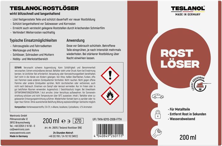 Nährwerte und Zutaten Teslanol Rostlöser (200 ml)