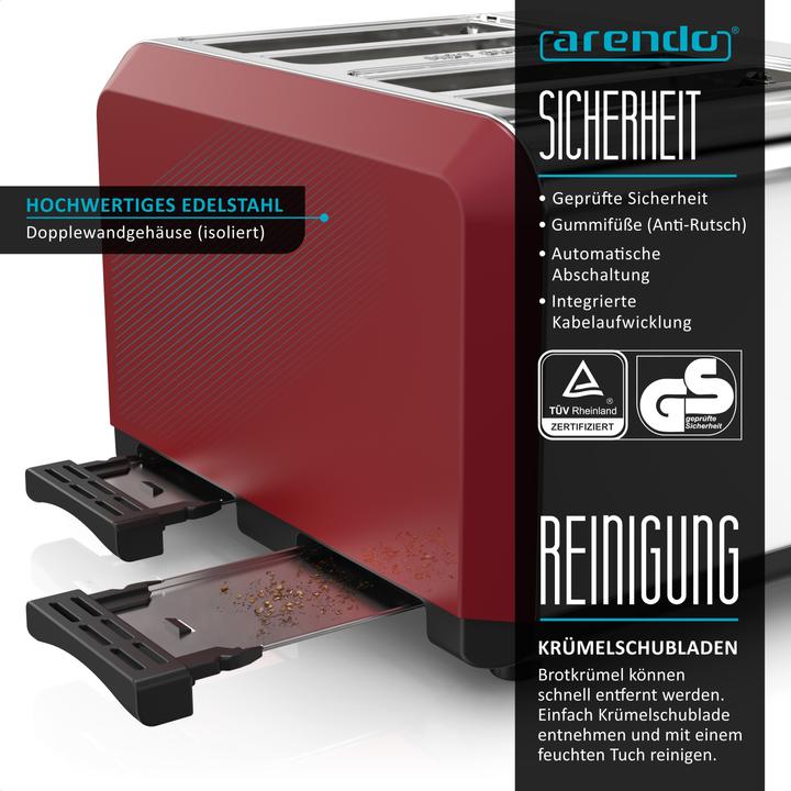 Produktbild Arendo Edelstahl Toaster 4 Scheiben, Automatik, Edelstahl, Wärmeisolierendes Doppelwandgehäuse, rot