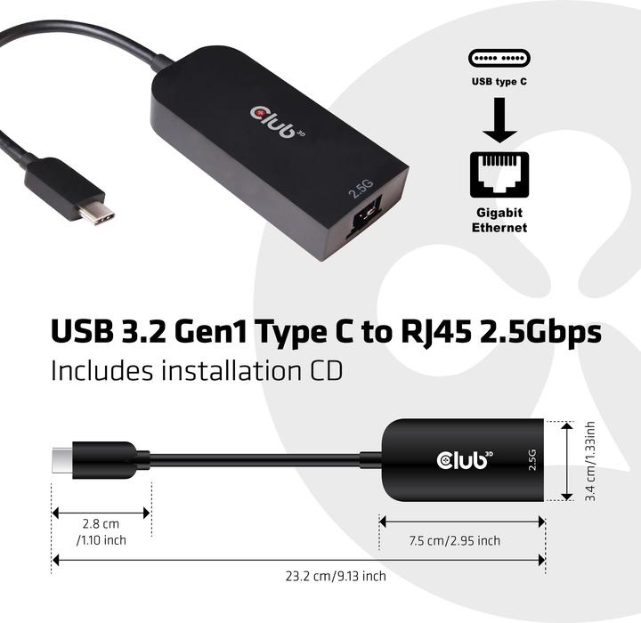Image du produit Club 3D USB Typ-C zu (USB-C 3.2 Gen 1, RJ45 (1x))