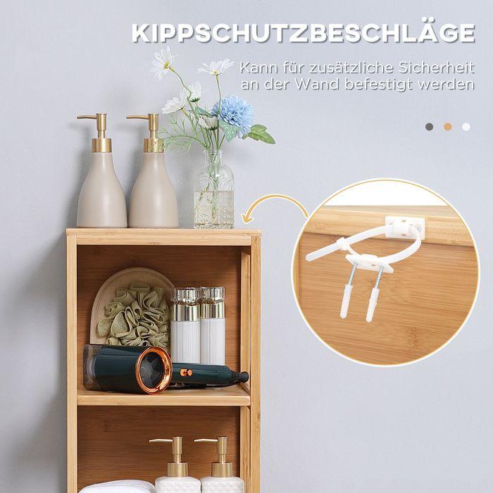 Immagine prodotto Swisshandel24 Mobile da bagno in bambù, 3 ripiani, 2 cassetti, protezione antiribaltamento (30 x 30 x 140 cm)