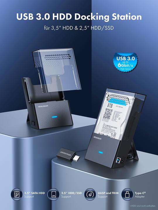 Actual product image Graugear Dock-Geh?use f?r 3,5"/2,5" HDD/SSD, USB3.2 Gen1 (USB-C, 1 Ports)