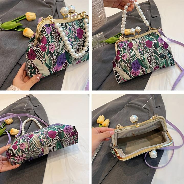 Produktbild Only-Bags.Store Vintage-inspirierten Blumenmuster Design Kupplung Tasche mit faux Perle Griff, modische