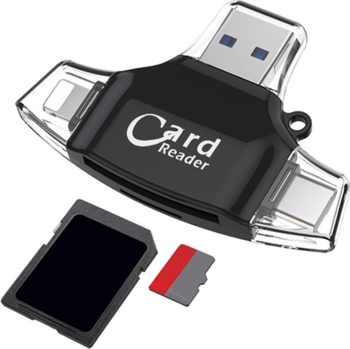 Actual product image Apfelkiste 4in1 mini card reader for SD/MicroSD - Lightning, USB C & Micro USB (Black)