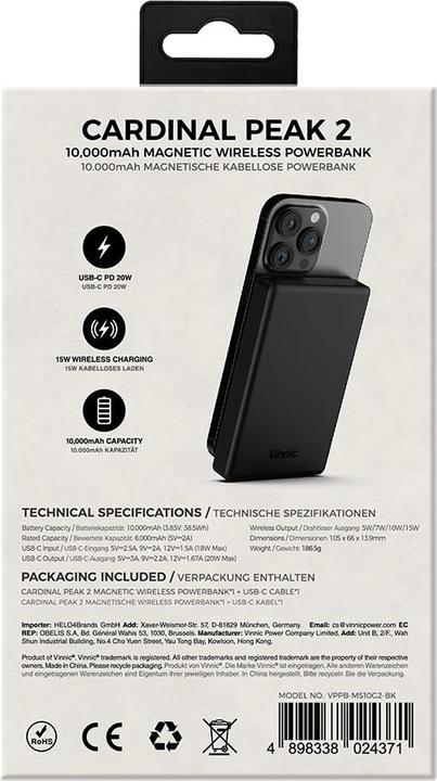 Produktbild Vinnic Cardinal Peak 2 Magnetic Powerbank (100000 mAh, 15 W, 15 Wh)