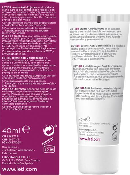 Nährwerte und Zutaten Leti LETISR Anti-Rötungen Creme für sensible Haut, 40 ml Creme (40 ml, Tagescreme, SPF 20)