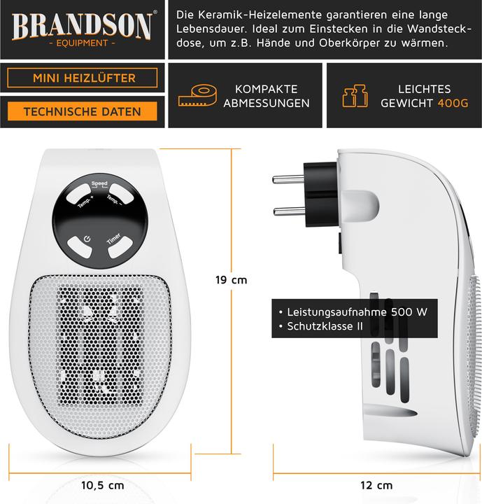 Immagine prodotto Brandson Mini termoventilatore da 500 W, termoventilatore da bagno in ceramica con controllo della (500 W)