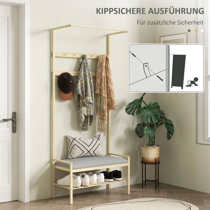 Immagine prodotto Swisshandel24 Garderobenständer mit Schuhbank, Kleiderständer mit Haken, Schuhregal, Natur