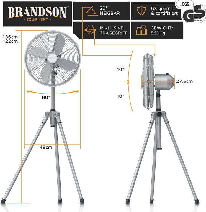 Immagine prodotto Brandson Ventilatore a piedistallo 49cm Ø, ventilatore 60W, treppiede, alloggiamento in metallo, ventilatore (64 dB)