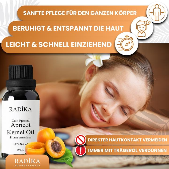 Actual product image Radika Apricot kernel oil, cold-pressed, 100% pure, organic, natural, 30 ml (Body oil, 30 ml)