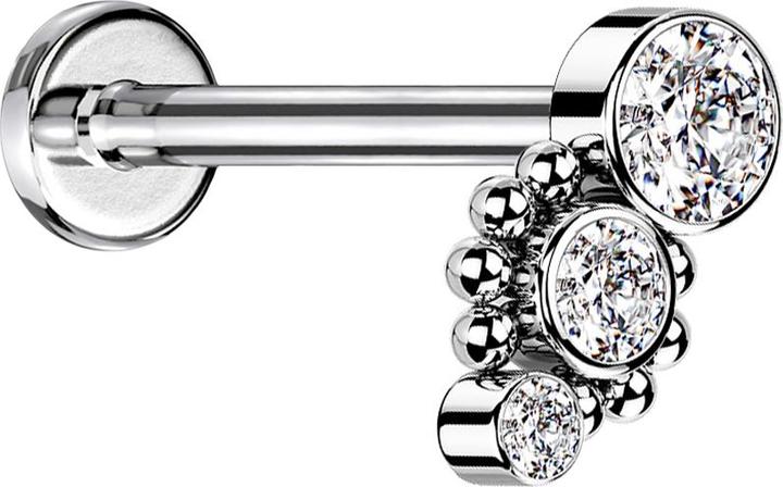 Actual product image Star Piercing Micro Labret inner thread silver eight balls three crystals silver (without brass, Surgical steel 316L)