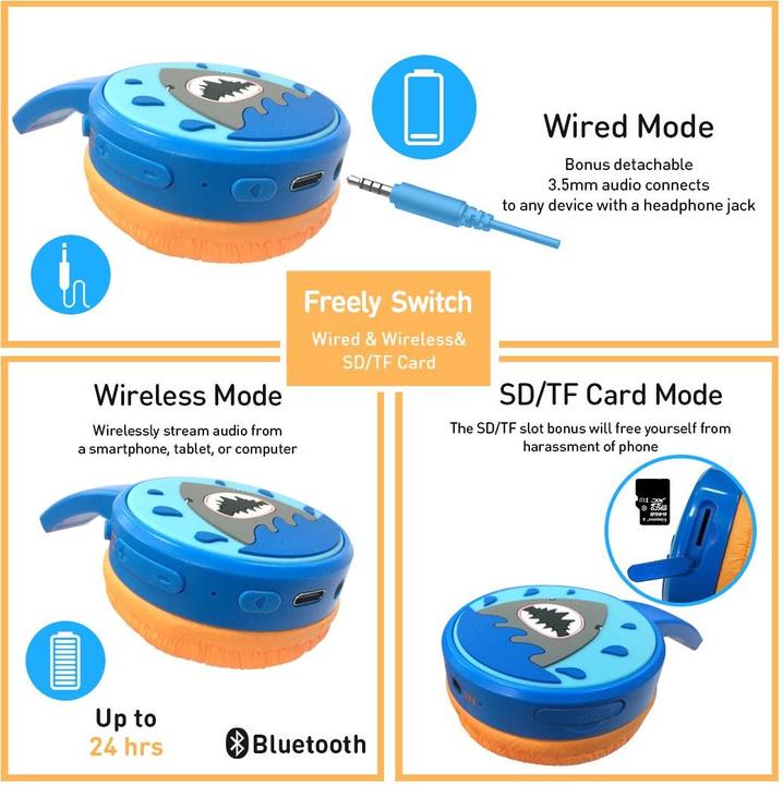 Produktbild PhoneLook Coole Wireless Bluetooth 5.3 Kopfhörer für Kinder mit gedämpfter Lautstärke 85dB und lustigem Design
