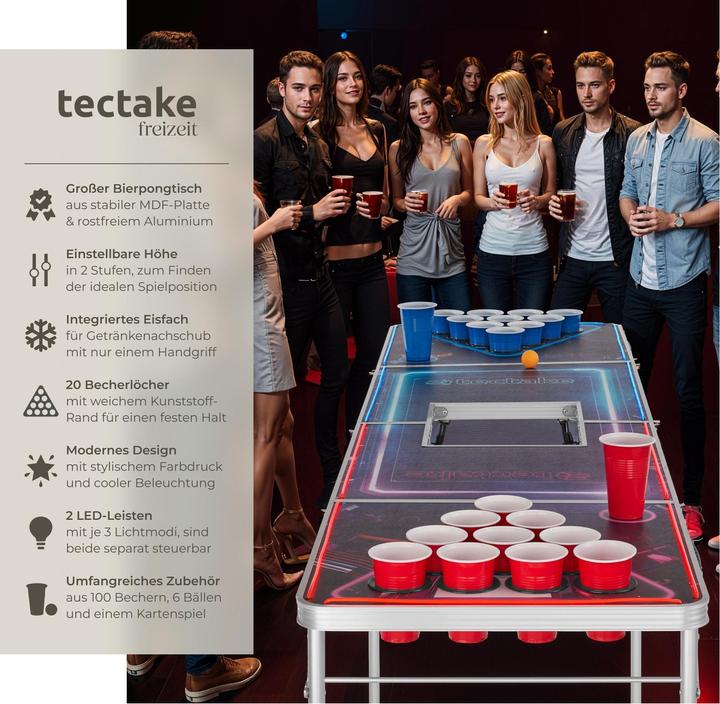 Produktbild tectake Bierpongtisch BeerWars II, mit Eisfach und LED-Beleuchtung