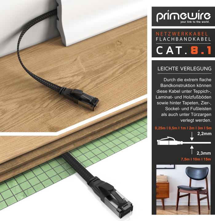 Produktbild Primewire LAN Kabel CAT.8, RJ-45, Ethernet CAT 8.1 Netzwerkkabel Flach 40 Gbits, Baumwollmantel Patchkabel (U/FTP, CAT8.1, 0.25 m)