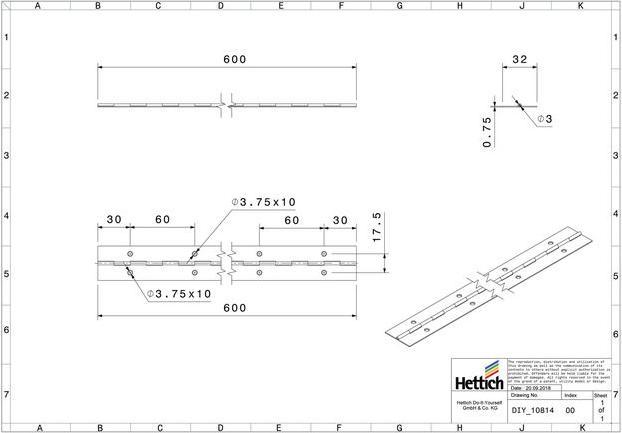 Actual product image Hettich Stangenscharnier 32x600 mm Stahl schwarz
