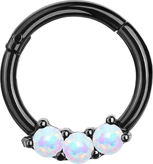 Star Piercing Micro Segmentring klappbar schwarz drei Opal Kugeln weiss (ohne Messing, Chirurgenstahl 316L)