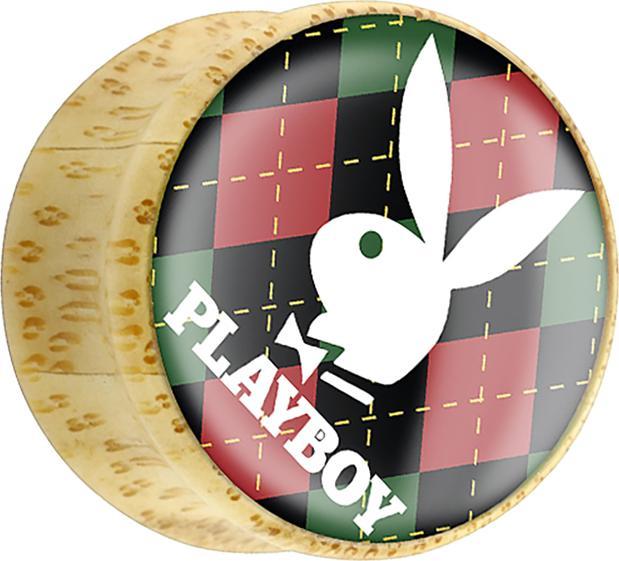 Produktbild Star Piercing Flared Plug aus Bambusholz Playboy Bunny auf rot grünem grund (Organisch, ohne Messing, Mineralisch)