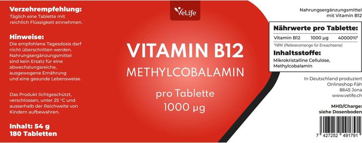 Valori nutrizionali e ingredienti VeLife Vitamina B12 Tabl (180 Pezzo/i, Pillole, 81 g)