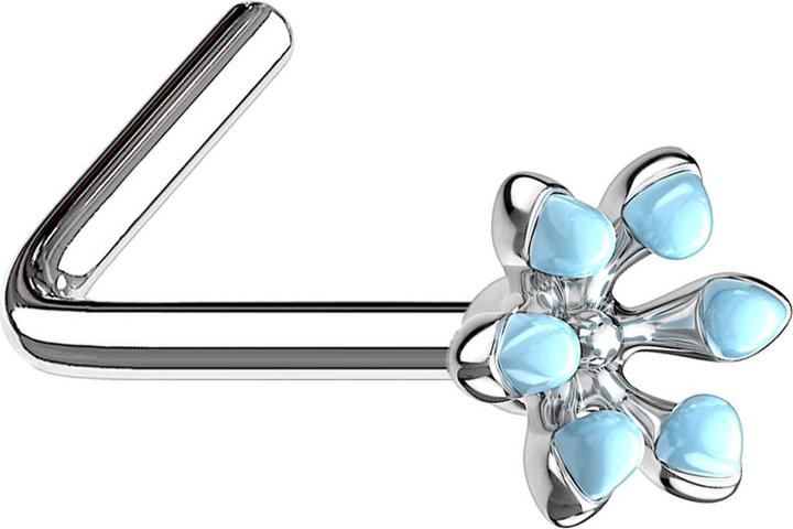 Image du produit Star Piercing Nasenstecker gewinkelt silber emaille Blume aqua (Acier chirurgical 316L, Laiton)