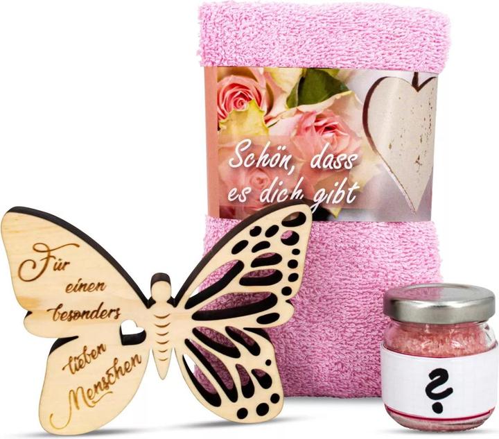Actual product image ZNatur Gift set Swiss stone pine wood butterfly with engraving Lieber Mensch bath salts & towel No.39 (Body care set)