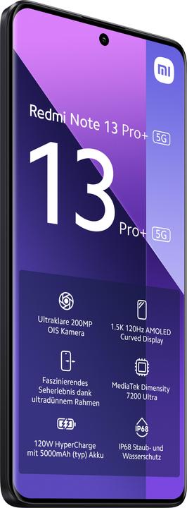 Produktbild Xiaomi Redmi Note 13 Pro+ 5G (256 GB, Midnight Black, 6.67", SIM + eSIM, 200 Mpx, 5G)