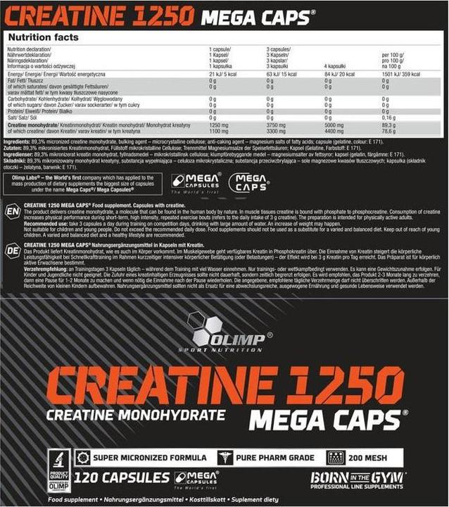 Valeurs nutritives et ingrédients Olimp Sport Nutrition Monohydrate (120 pièce(s), Capsules, 125 g)