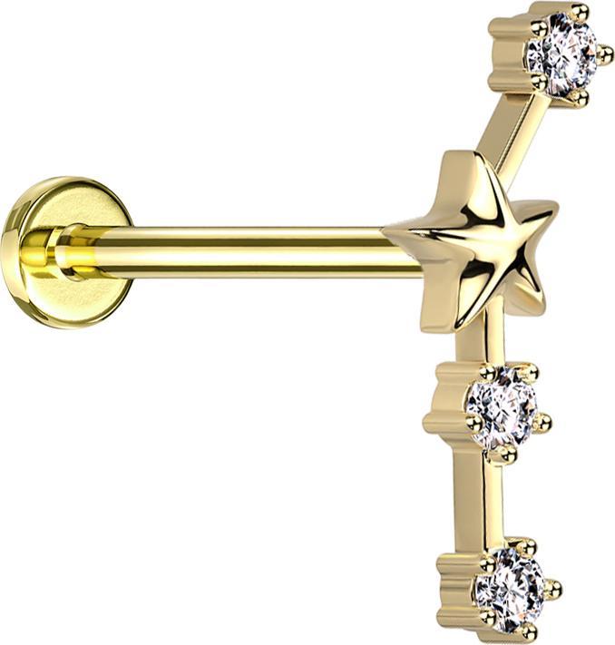 Star Piercing Micro Labret Innengewinde vergoldet Sternzeichen Widder mit Kristallen (Chirurgenstahl 316L, Messing)