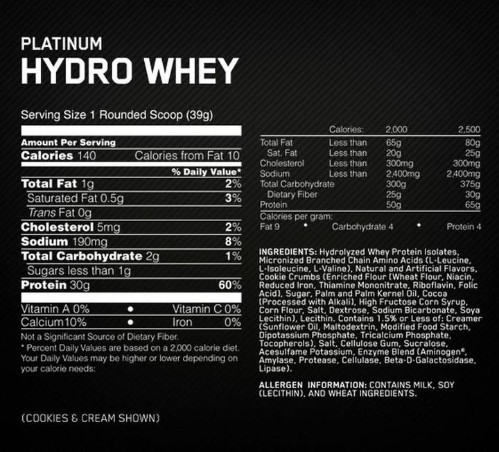 Nährwerte und Zutaten Optimum Nutrition Platinum Hydro Whey (Vanille, 1 Stk., 1590 g)