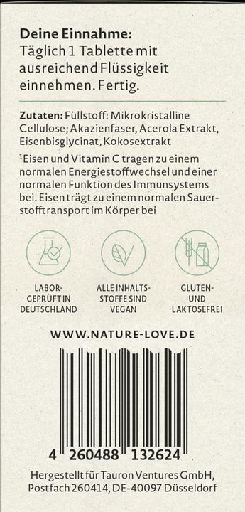 Valeurs nutritives et ingrédients Nature Love Fer & vitamine C (60 pièce(s), 45 g)