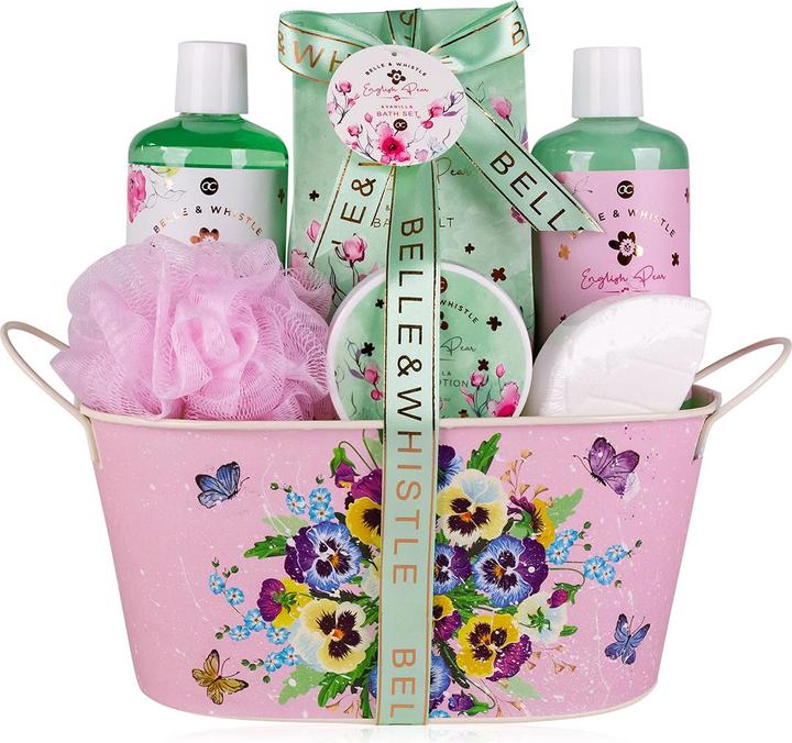 Image du produit Accentra Set de bain BELLE & WHISTLE dans un bac en fer blanc imprimé, comprenant 300ml de gel douche, 300ml (Set soin capillaire)