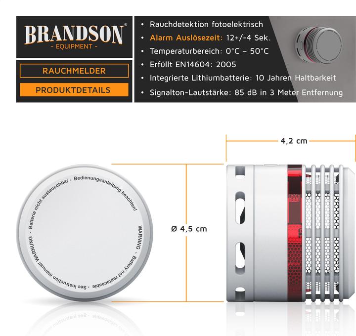 Produktbild Brandson 4x Rauchmelder, 10 Jahre Batterie Li-Ionen, Lautstärke 85dB, LED, Prüftaste, EN14604 & TÜV Geprüft