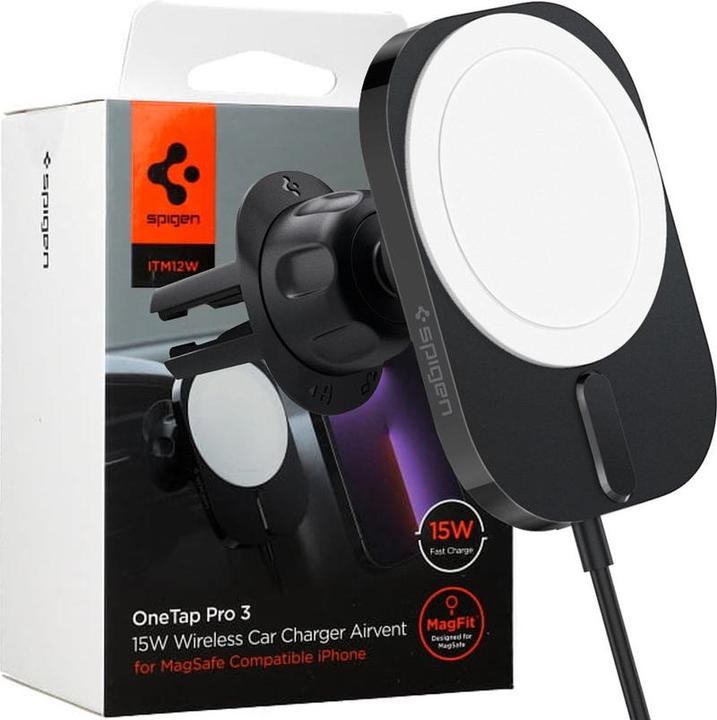 Actual product image Spigen car mount with charger ITM12W Onetap Pro 3 Magnetic Magsafe Vent Car Mount Wireless Charger b (15 W)