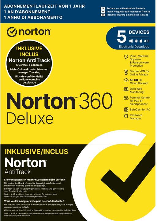 Produktbild Norton 360 Deluxe + AntiTrack Bundle Box, 5 Dev., 1yr, 50GB Cloud (5 User, 12 Monate)