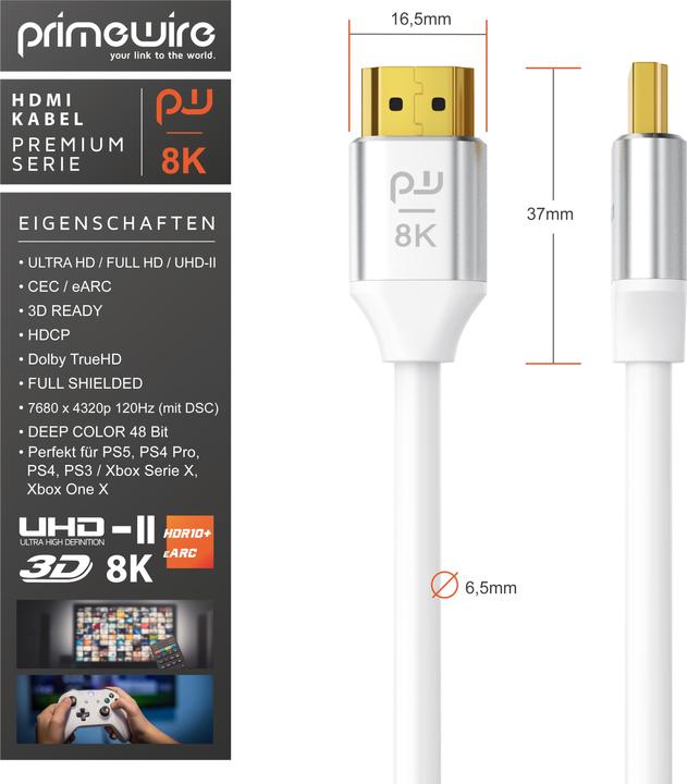 Produktbild Primewire HDMI Kabel 2.1, 8K 60 Hz, Premium Ultra HD, High Speed 7680 x 4320 @ 120 Hz - 4k @ 240 Hz mit DSC (2 m, HDMI)