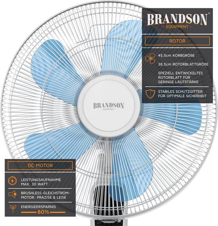 Actual product image Brandson Pedestal fan 45.5cm Ø, DC, quiet, remote control, energy-saving, oscillation, 25 speeds, white (60 dB)