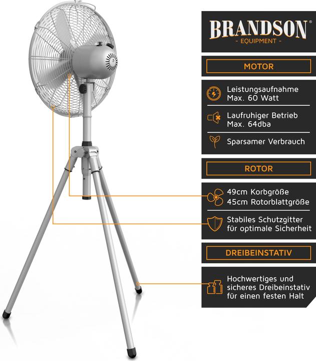 Immagine prodotto Brandson Ventilatore a piedistallo 49cm Ø, ventilatore 60W, treppiede, alloggiamento in metallo, ventilatore (64 dB)