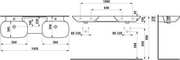 Actual product image Laufen INO double washbasin, without tap hole, with overflow, 1420x450mm, H814304 (1560 mm, 230 mm)