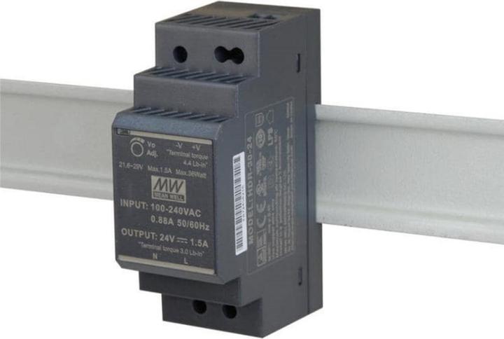 Produktbild MeanWell HDR-30-24. Gesamtleistung: 36 W, AC Eingangsspannung: 85