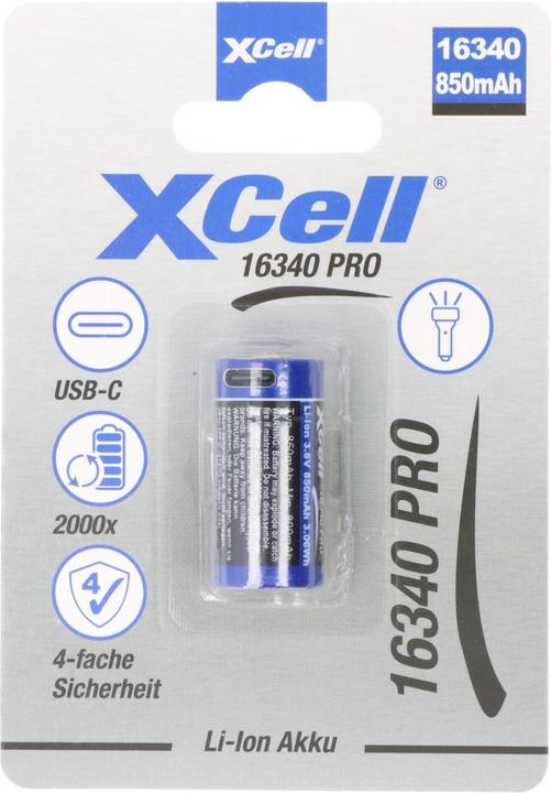 Image du produit XCell Batterie Pro 16340, CR123A protégée, avec prise de charge USB-C (1 pcs, RCR123A, 850 mAh)