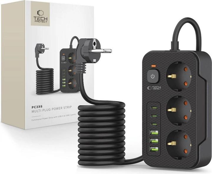 Actual product image Tech-Protect PC3X6 Power Strip 3 Sockets 240V + 3xUSB-A + 3xUSB-C 200cm - Black (3 x, USB-C, USB-A, 2 m)